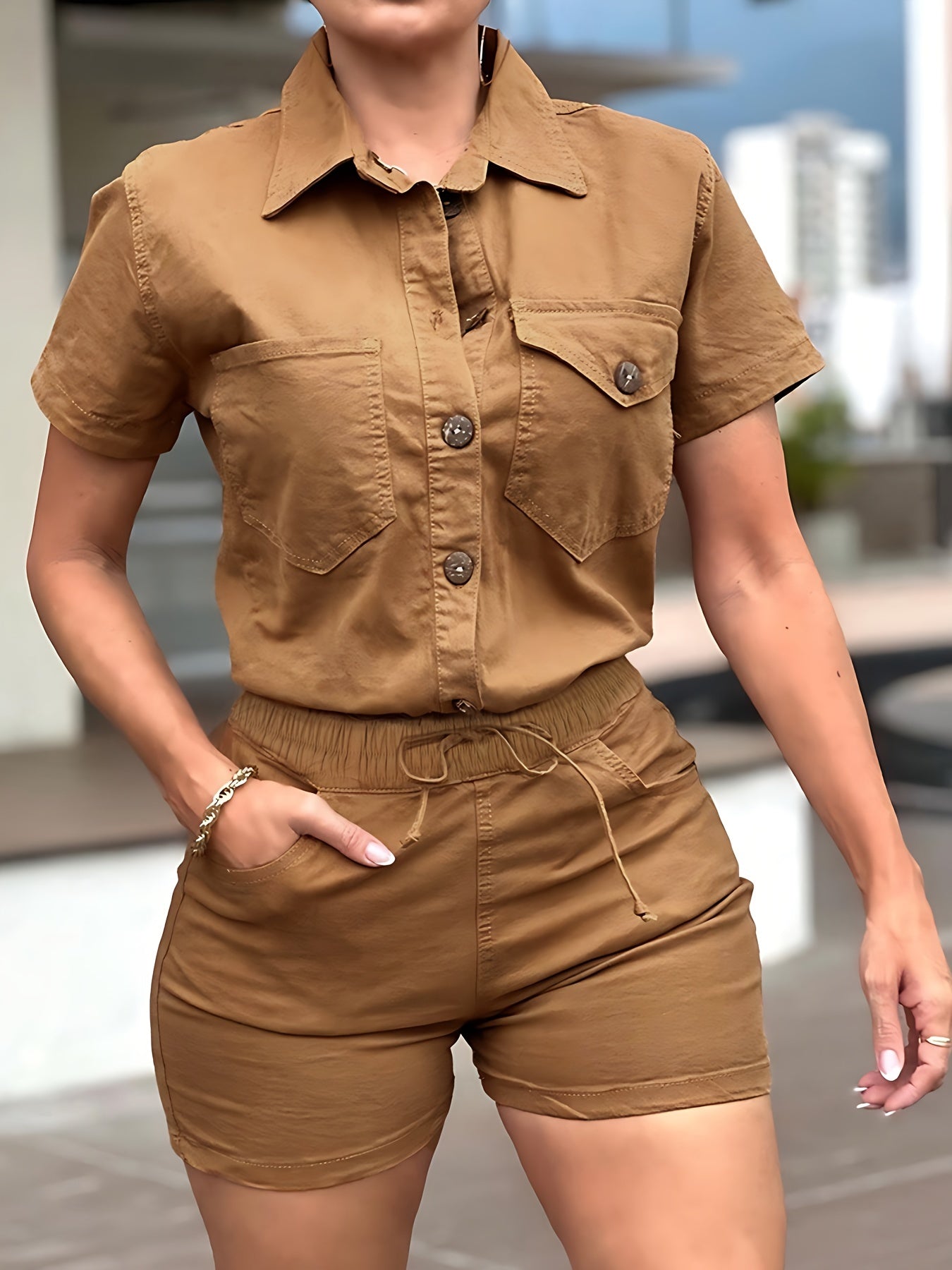 Women's Casual Fashion Jumpsuit w/ Lapel Neck & Pockets