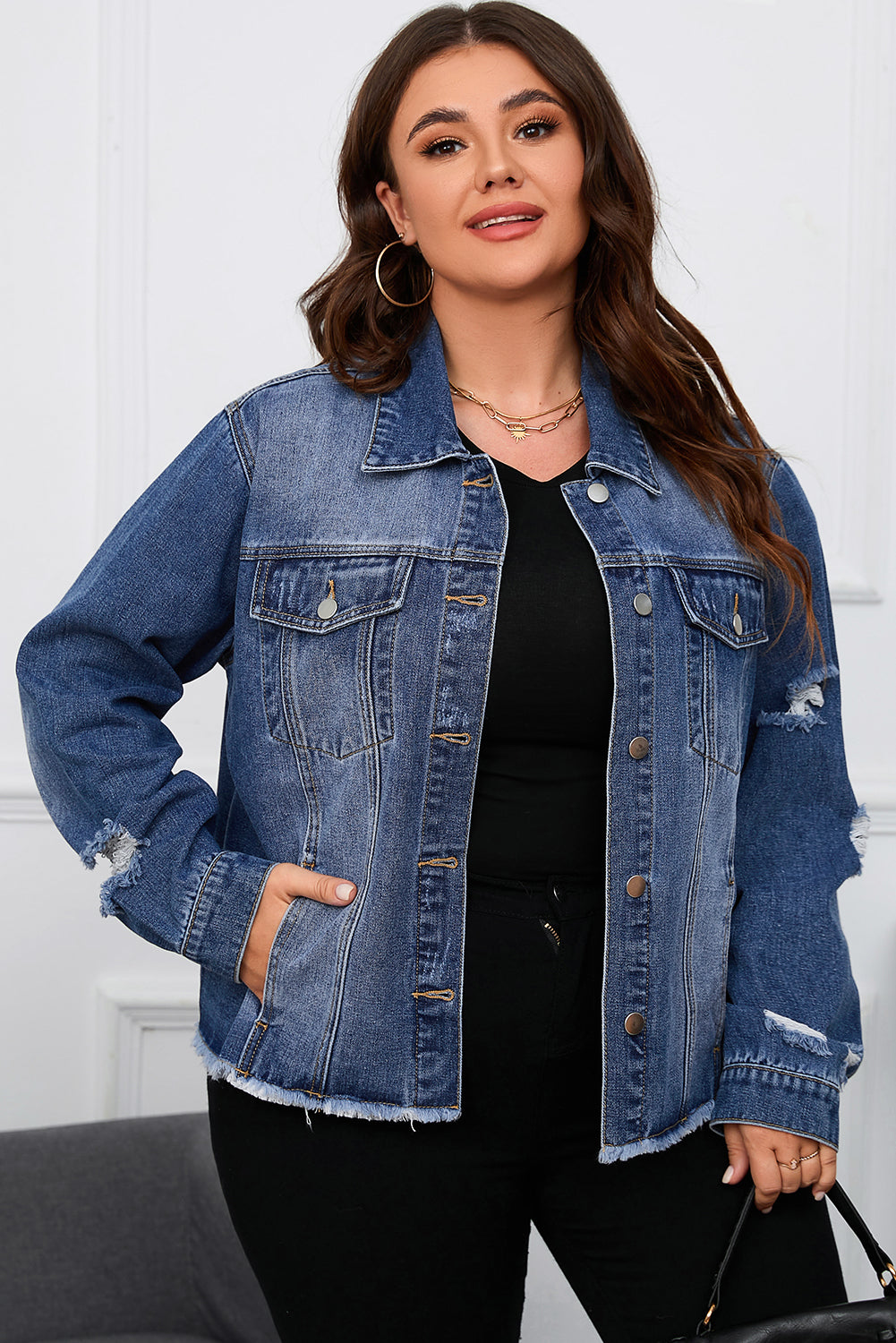 Lapel Distressed Denim Jacket