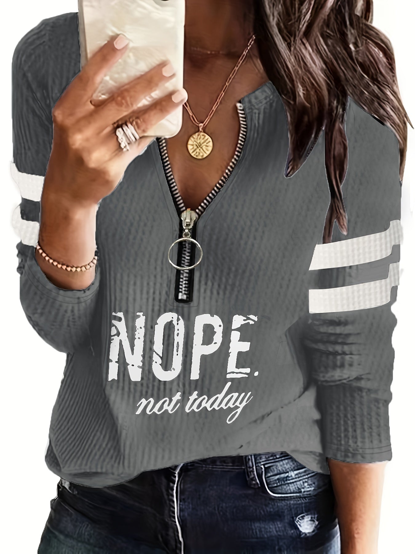 "NOPE NOT TODAY" Women's Casual Long Sleeve Top - with Stripe & Letter Print