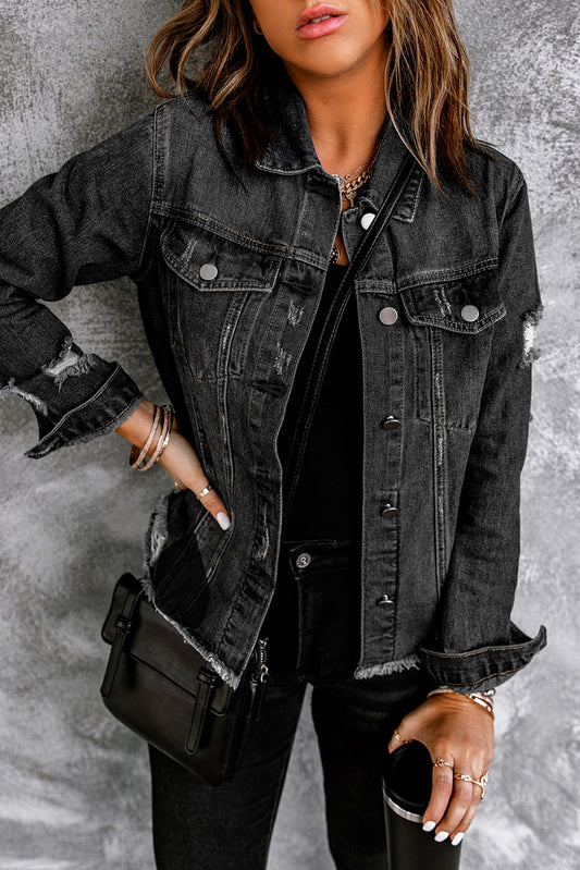 Lapel Distressed Denim Jacket